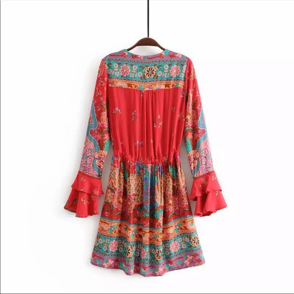 Boho 60’s Floral Gypsy Print Ruffle Dress Red - Picture 2 of 5